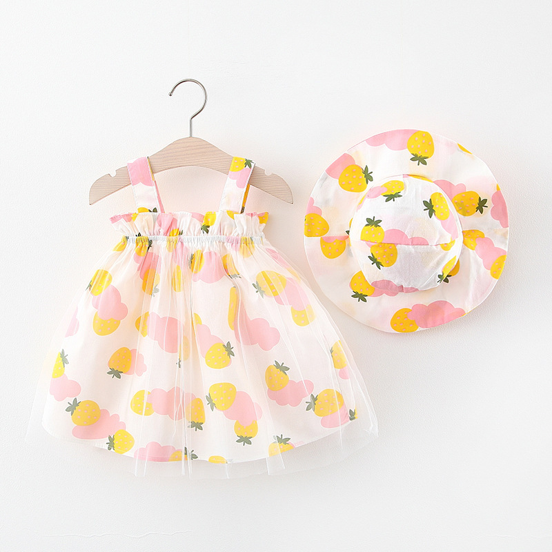 2Piece Summer Baby Clothes Toddler Girl Dresses Cute Print Sleeveless Cotton Beach Dress+Sunhat Newborn Clothing-image-760774085