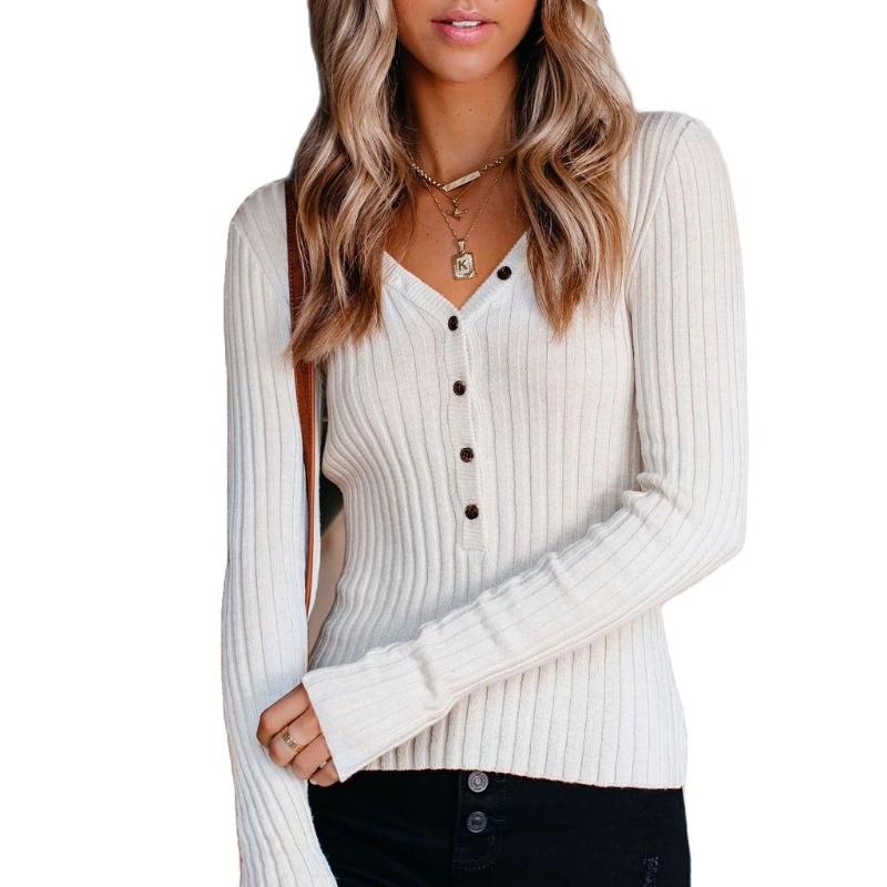 

Women' Blouses & Shirts Factory Price Women' Autumn And Winter Long-Sleeved V-Neck Outer Wear Solid Color SweaterWomen, White