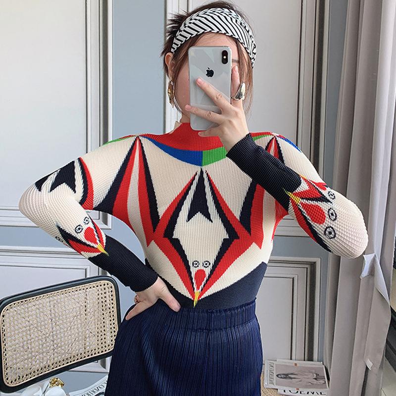 

Women's T-Shirt Miyake Pleated Printed Floral Bottoming Shirt 2022 Autumn Light Mature Slim High Neck Long Sleeve Skinny Fashion Basic TeesW, Mixed