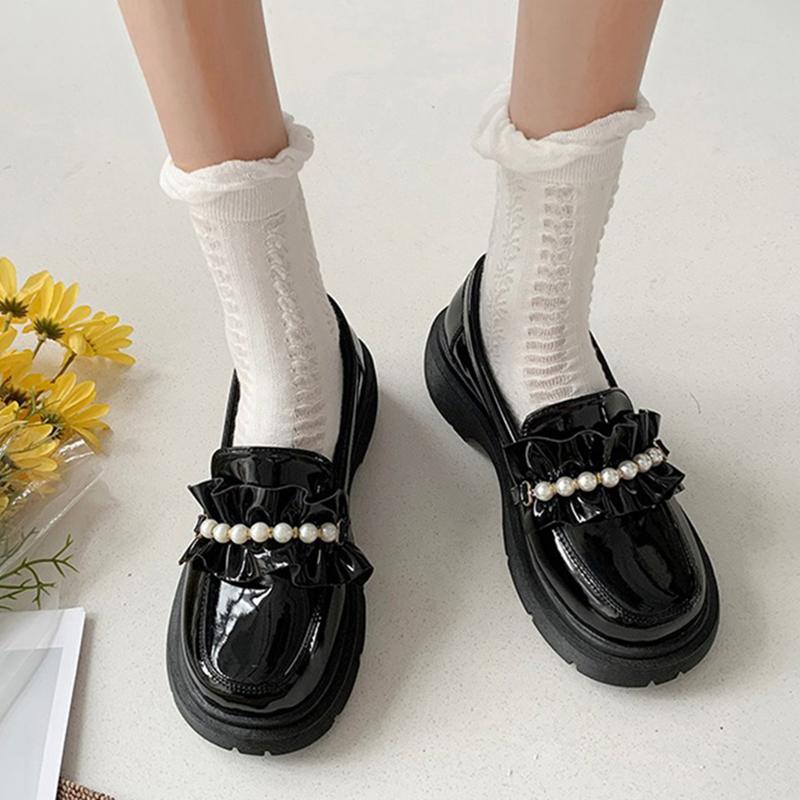 

Dress Shoes Japanese Lolita Women Brand Pearl Jk Uniform On Heels Retro Comfortable Cosplay Mary Jane Zapatos Mujer, Beige white