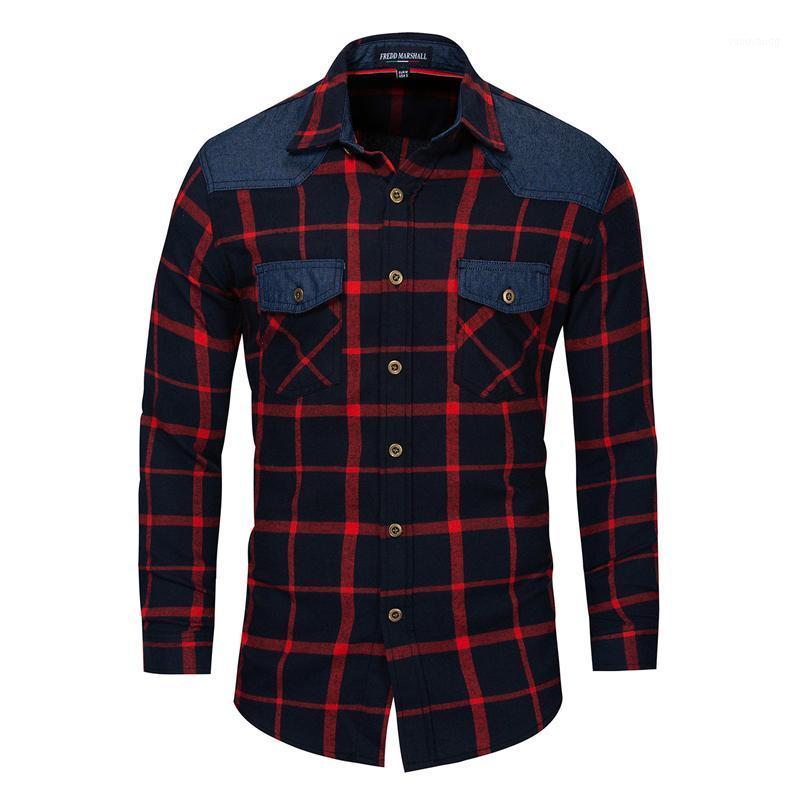 

Spring Autumn Button Pockets Plaid Cotton Shirt Long Sleeve Smart Casual Patch Shirts Male Regular Fit Plus Size -3XL,172 Men's, Khaki