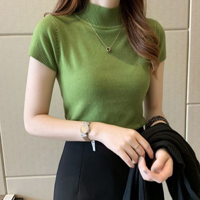 

Womens Tops And Blouses Summer Short Sleeve Blouse Women Blusas Mujer De Moda Turtleneck Knitted Blouse Shirt Tops 569, Green