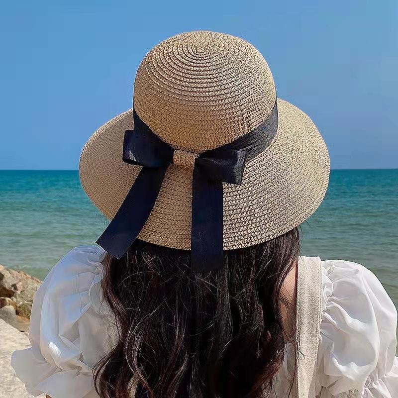 

Wide Brim Hats Simple Travel Beach Butterfly Summer Sun Hat Female Outside Women Wild Black Ribbon Paper Straw Cap HatWide, Khaki
