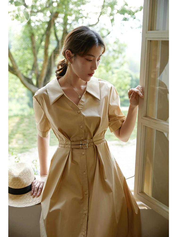 

Party Dresses 2022 Summer Cotton Women Dress High Waist Pleated Design Thin Casual With Belt Elegant Commute Female Shirt DressParty, Khaki
