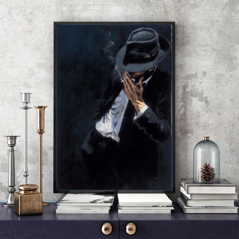 

Cool Man Canvas Painting Smoking Man In Black Suit Poster and Prints Wall Art Modern Pictures for Living Room Decoration Cuadros