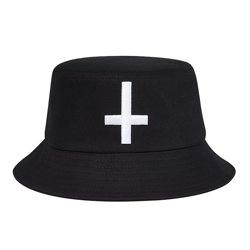 

Berets 2022 Men Women Couple Fashion Embroidery Cross Bucket Hats Cool Satan Caps Outdoor Summer Sunscreen Fisherman Hat Gorras, Black