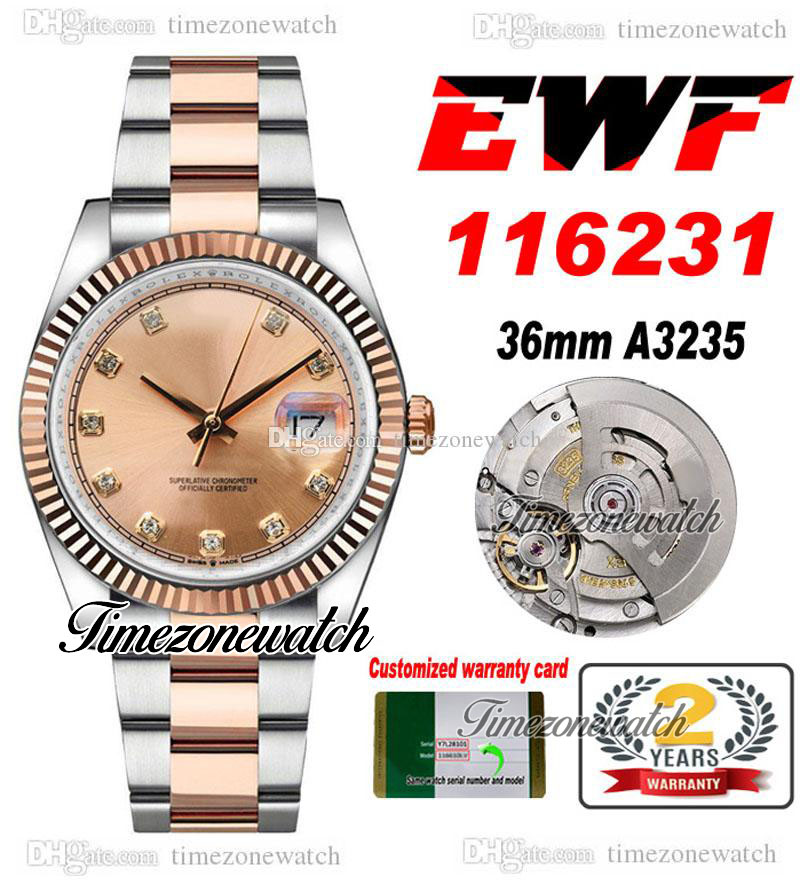 

EWF 36 116231 A3235 Automatic Ladies Womens Mens Watch Two Tone Rose Gold Champagne Diamond Dial OysterSteel Bracelet Same Serial Card Super Edition Timezonewatch 3, Custom warranty card