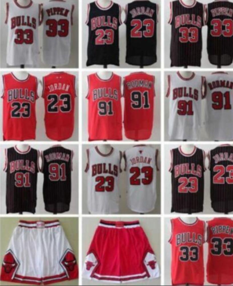 

mens basketball jerseys michael 23 MJ dennis 91 rodman scottie 33 pippen shorts black Red white stitching chicago''bulls''jersey, Color