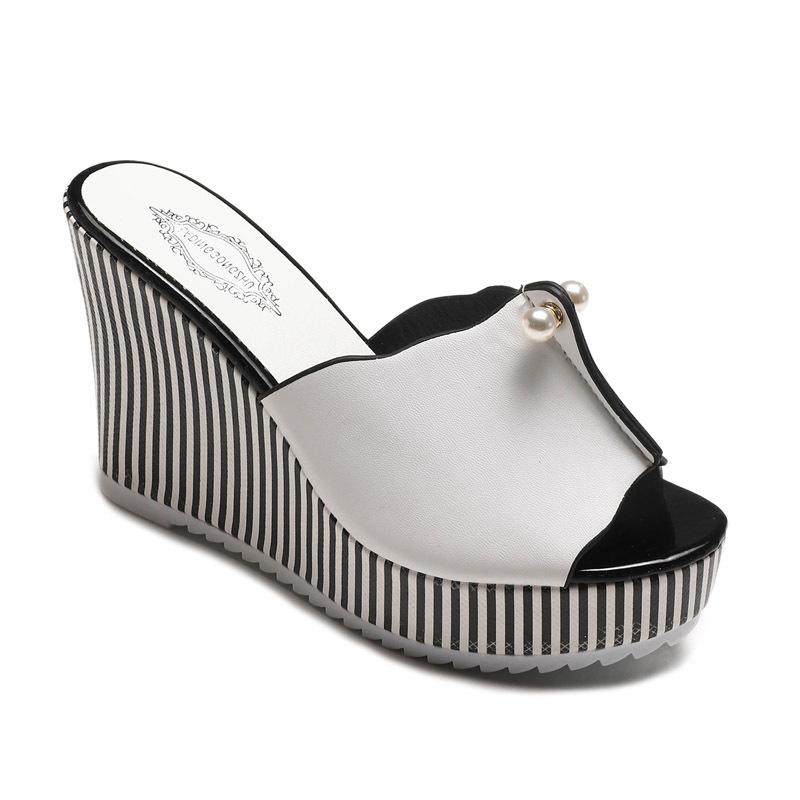 

Slippers 2022 Summer Wedges Sandals High Heels Beach Platform Stripe Pearl Flip Flops Women Shoes Sandalias Mujer, White