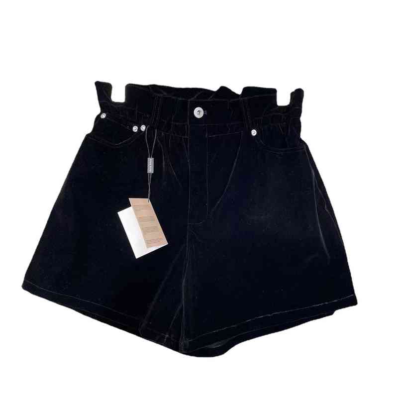 

spring new back pocket letter old bud waist decoration versatile velvet casual wide leg shorts, Black