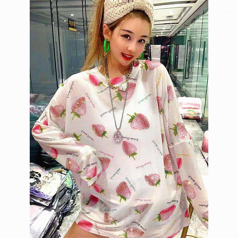

Women's Blouses & Shirts Spring Summer Blouse Women Tees Loose Strawberry Diamond Fruit Print Full Sleeve Woman Pullover Tops Ladies SY137, White