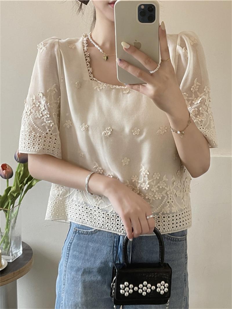 

Women's Blouses & Shirts Alien Kitty Korea Lace Flowers Women Fashion Hook Florals 2022 Loose Elegant All Match High Street Work Wear OLWome, Photo color