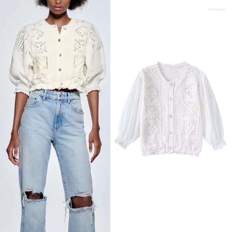 

Women' Knits & Tees Summer 2022 Women White Hollow Out Cropped Cardigan Vintage Jumper Female Casual Knitted Tops BB22705Women' Time22