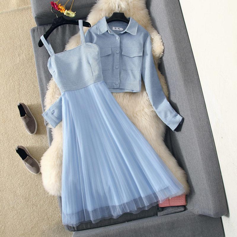 

Work Dresses Women 2 Piece Set Spring Autumn Full Sweet Single Breasted Turn-down Collar Slip Dress Korean Ladylike Simple, Beige