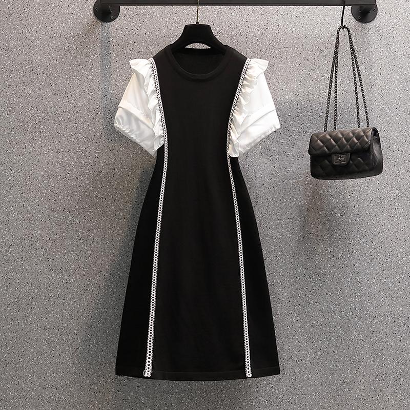 

Party Dresses Size Women Elegant Vintage Chiffon Patchwork Thin Dress Summer Short Sleeve Ruffle Slim Kintting Sweater DressesParty, Black