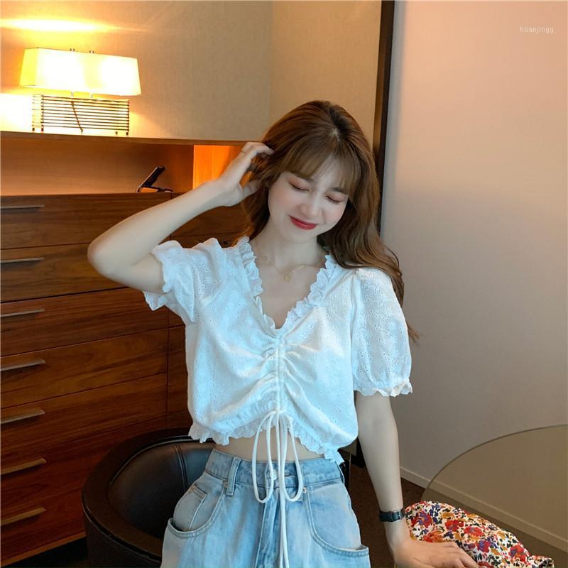 

Women's Blouses & Shirts Summer Temperament Puff Sleeve Drawstring Short White Shirt Women