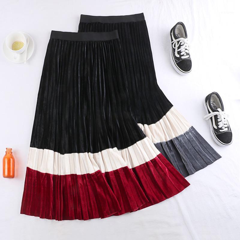 

Skirts 350 Autumn Retro High Waist Thin Gold Velvet Color Contrast Splicing Medium Length Pleated Skirt Women's, See chart