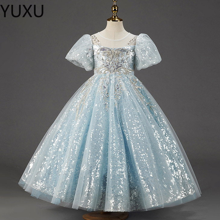 Belles Filles Bleues Pageant Robes Sheer Ras Du Cou Tulle Strass Cristal Perles Glitz Ball Fleur Fille Robe Dentelle Robe De Bal Robes De Mariée