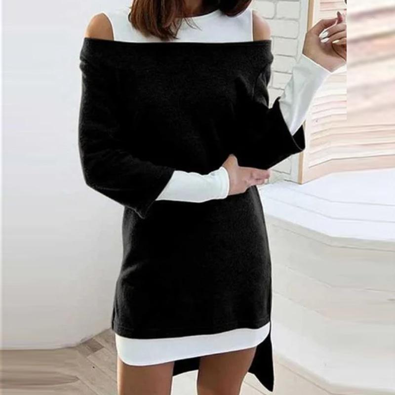 

Casual Dresses 2022 Women Elegant White/Black Patchwork Mini Dress Fashion Print O Neck Party Sexy Off Shoulder Bag Hip Plaid, 02 black gray