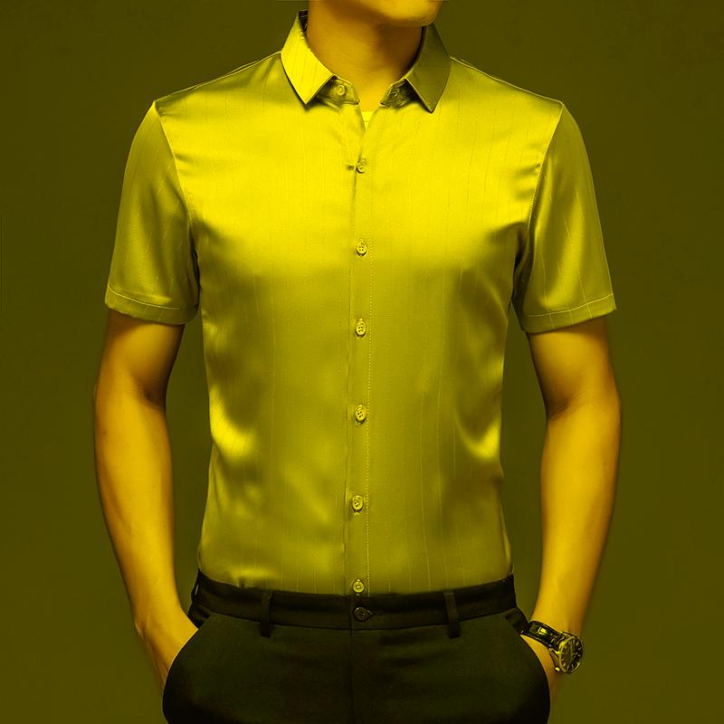 

Men' Casual Shirts Men' Silk Summer 2022 Fashion Striped Smooth Soft Clothes Short Sleeve Male Dress ShirtsMen, Black