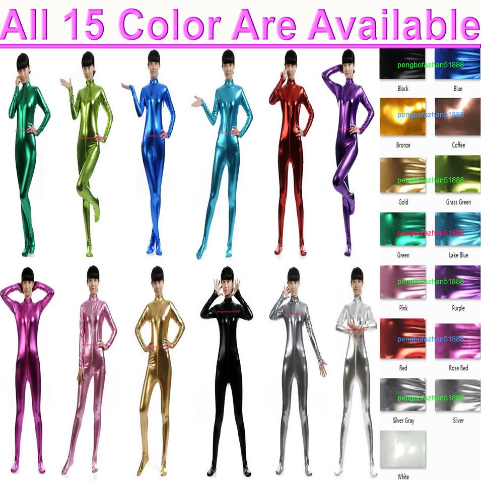 

15 Color Shiny Lycra Metallic Women's Catsuit Costume Front Long Zipper Sexy Women Tights Body Suit Costumes Halloween Party 256u, Black