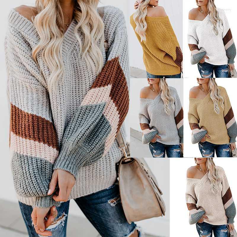 

Women' Sweaters 2022 V Neck Striped Sleeve Knit Sweater Women Loose Pullover Fall And Pullovers Female Fashion Knitted Mari22, Dark gray