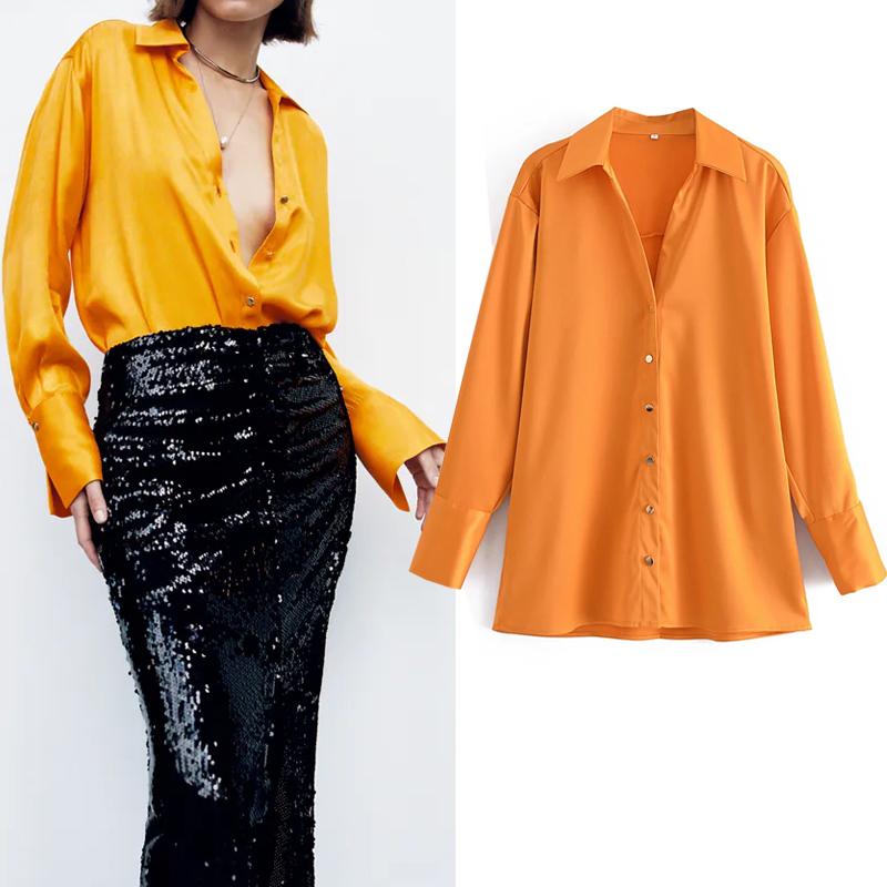 

Women's Blouses & Shirts Women Shirt 2022 Orange Satin Top Female Long Sleeve Elegant Autumn Fashion Collared Button Up Baggy