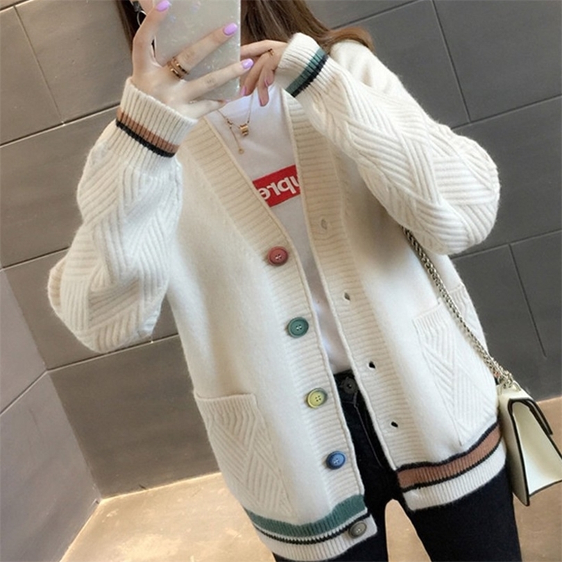 

Net celebrity knitted cardigan women's sweater padded jacket autumn and winter wear new versatile top loose outer wear 210204, Big red