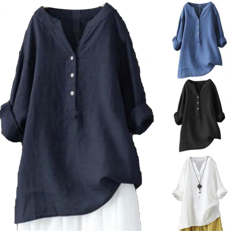 

Women' Blouses & Shirts All-match Women Shirt Elegant Linen Button Long Sleeve Pullover Top For Spring, Black