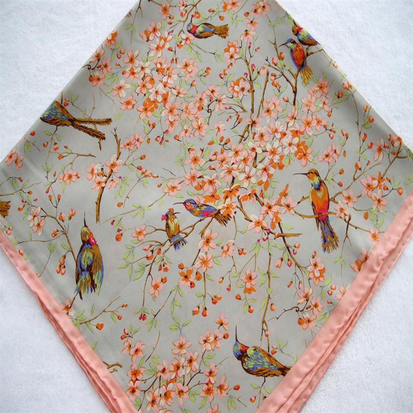 

2015 Birds Pattern Pink Flowers Mulberry Silk Manual Edge Silk Twill Women Infinity Square Scarf Pure Silk Shawl257H