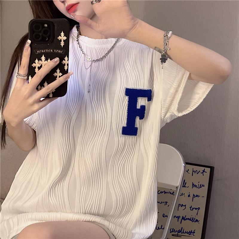 

Women's T-Shirt American Ice Silk Letter Towel Embroidery Short Sleeve Women O Neck High Street Tops Large Size Loose TeesWomen's, Black