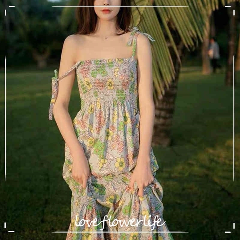 

Summer French Elegant Spaghetti Strap Dress Women Floral Midi Dress Female Sweet Party Evening Beach Dress Korea 210521, As picture