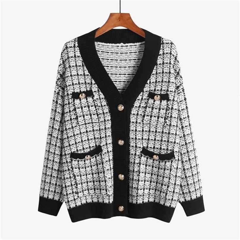 

Women Sweater Jacket Oversized Knitted Cardigans Loose Plaid Jumpers Korean Clothing Robe Long Coat sueter feminino 210603, Picture color