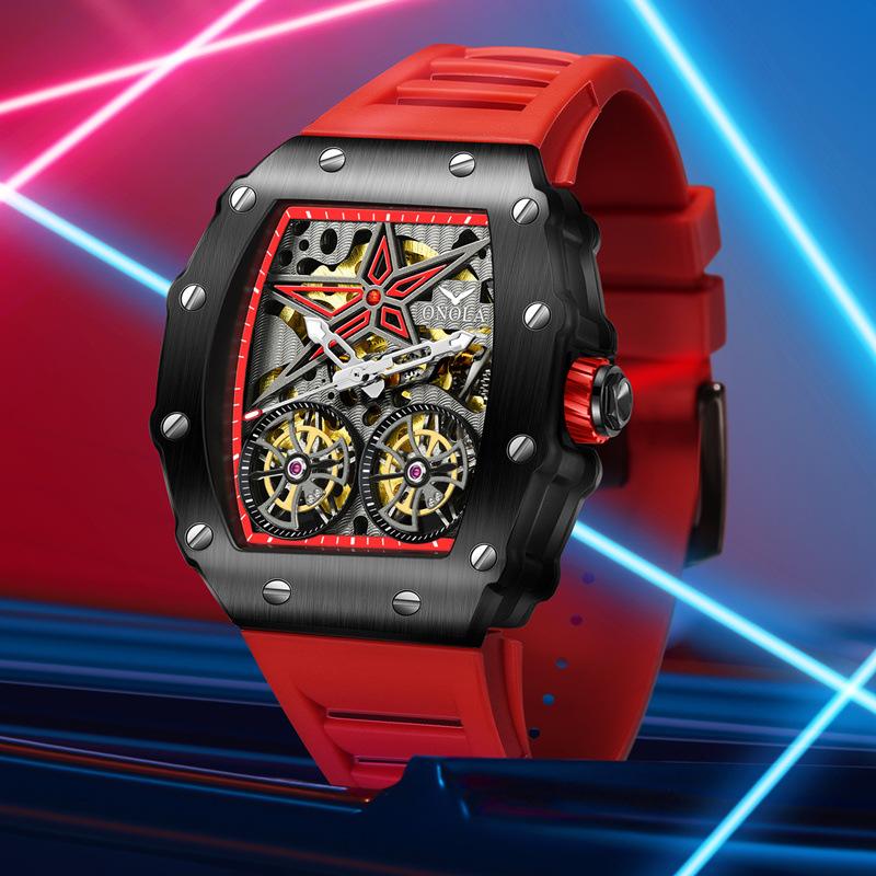 

Wristwatches Classic Men Skeleton Watch Automatic Double Tourbillon Black Watches Mens Top Red Line Rubber Band Mechanical Cloc, 670575569371-7