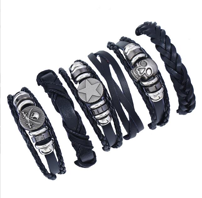 

fashion skull Series Men woman cowhide Bracelet DIY Beaded Strands black Wax thread Braid Combination suit Bracelet 6styles/1set