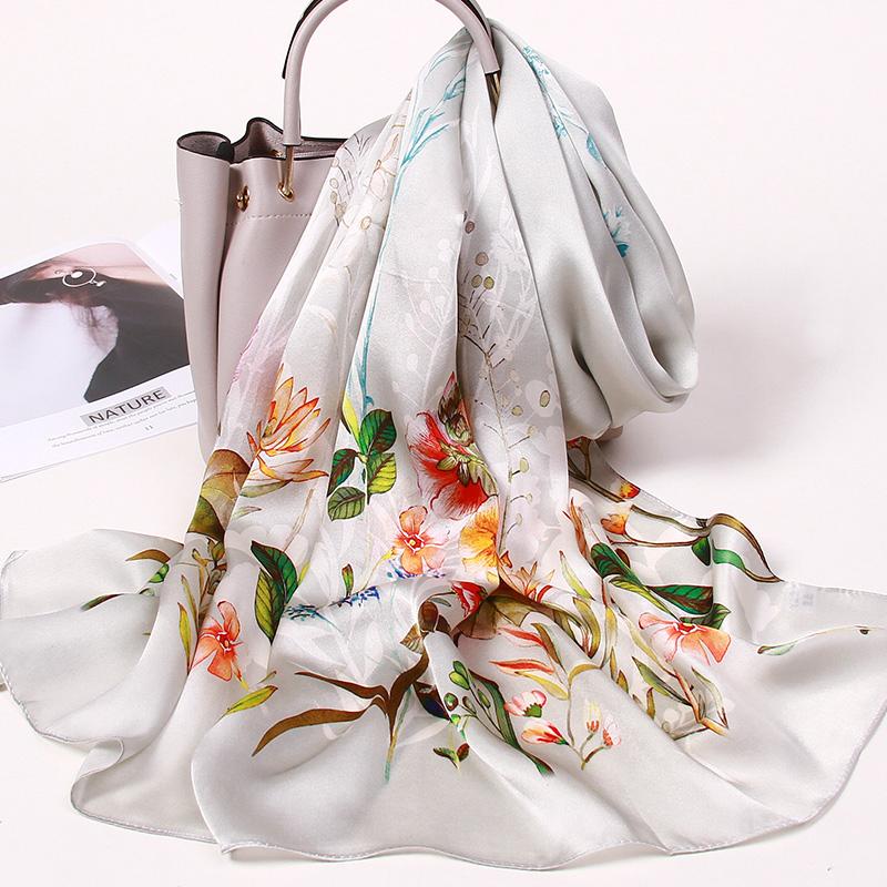 

Scarves 100% Real Scarf For Women Shawls Wraps Long Hangzhou Natural Pure Silk Echarpe Femme Print Neckerchief 170x53cm