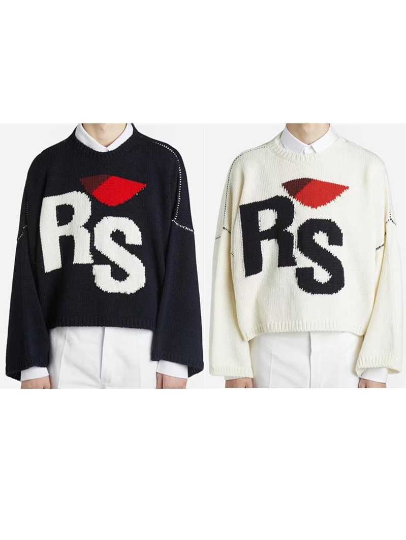 

Men's Sweaters RAF classic RS letter short long sleeve loose Pullover round neck T-shirt ins wool sweater rocky, Milky white