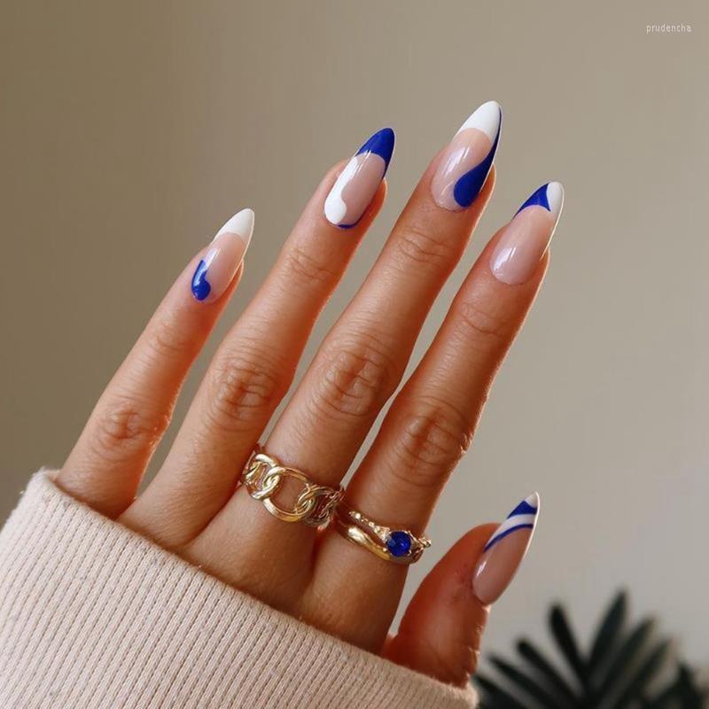 

False Nails 24Pcs/Box Blue/White Wavy Line Almond Women Fashion Wearable Detachable Fake Full Cover Press On Tips Prud22
