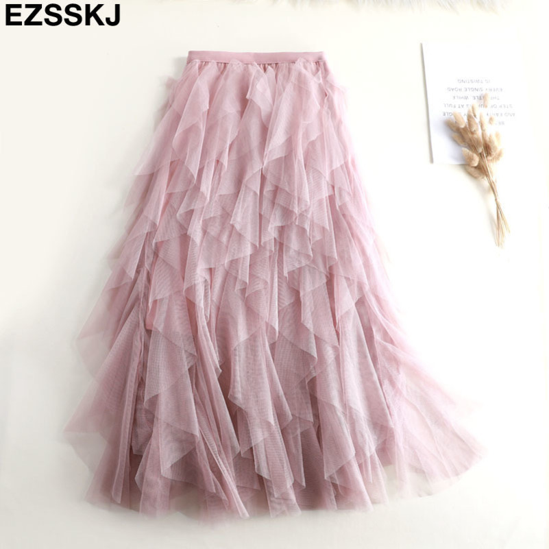 

chic irregular Mesh skirt women spring autumn multilayer tutu cake skirt fluffy ruffled long tulle skirt female Y200326, Pink
