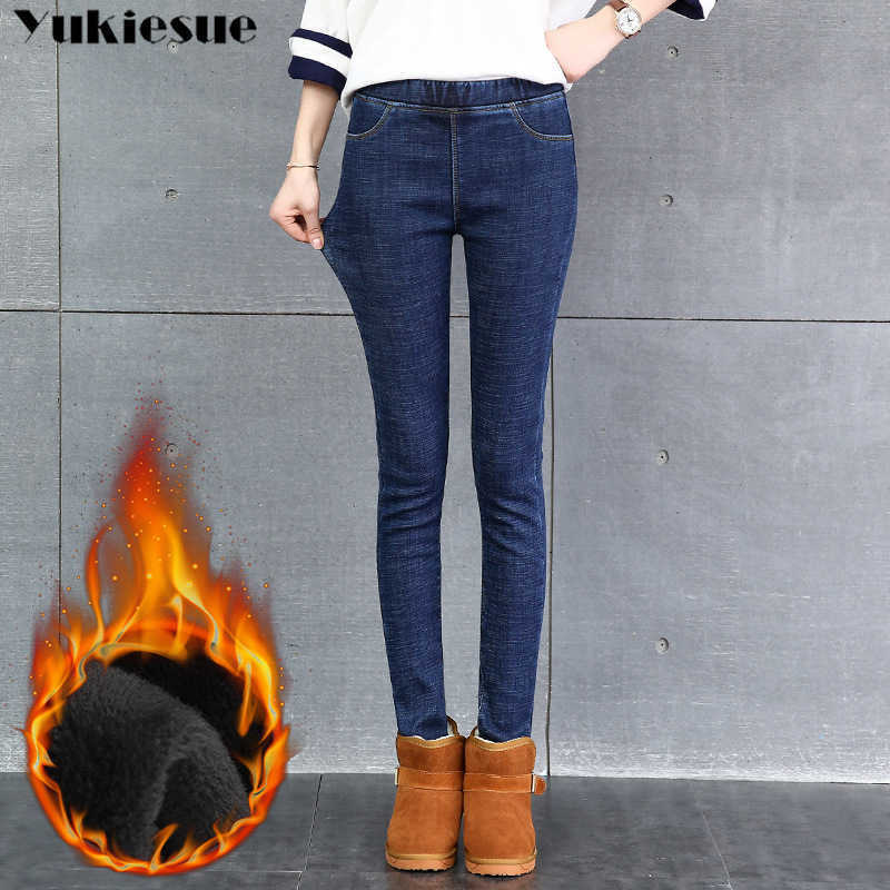 

winter warm thick fleece velvet womans jeans woman with high waist casual denim pencil pants female for women Plus size 210608, Black gray velvet