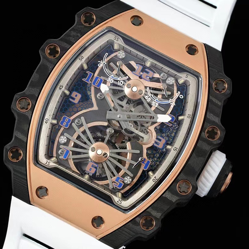 

2022 New Version Skeleton wheels rose gold watches carbon fiber Case mens automatic watch white rubber strap sapphire Top quality ETA watch all function works, 02