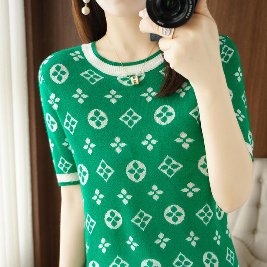 Women Knitted Tees New High-quality Contrast Color Jacquard Knitted Short-Sleeved Women's Round Neck Cotton And Linen Thin T-shirt