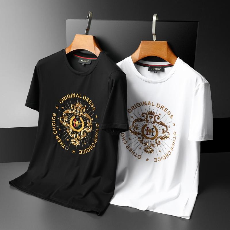 

Men's T-Shirts Light Luxury European And American Summer Embroidery Sequin Round Neck Short Sleeve T-shirt Men's Versatile Half BodyMen', Black