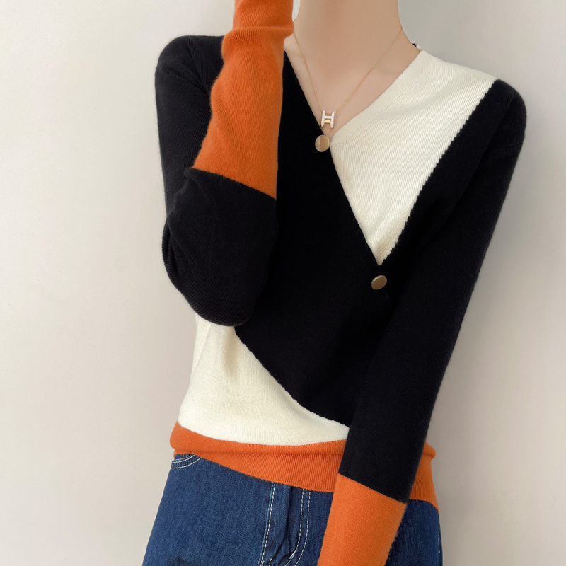 

2022 Spring Autumn New V-neck Fake Cardigan Pullover Color-Blocking Sweater Fashion Slim Bottoming Knitted Sweater Long-Sleeved, Black