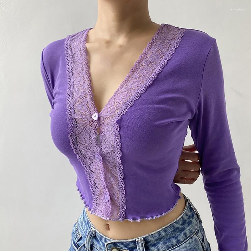 

Women' T-Shirt Spring Autumn Sexy Women Shirt Floral Lace Trim Buttons Long Sleeve V Neck Cropped Top For Female 2022 Est, Purple