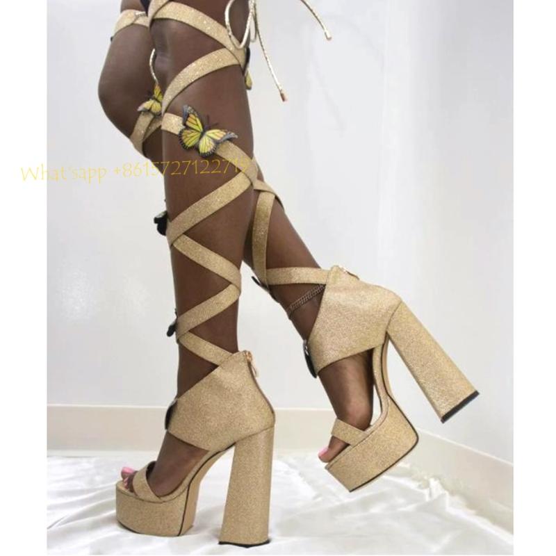 

Sandals Glitter Strappy Platform Covered Summer Chunky Heels With Bow Gold Sweet Peep Toe Women Party Wedding Sexy ShoesSandals