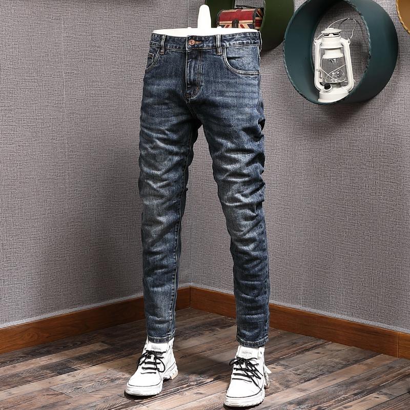 

Men's Jeans Ly Vintage Fashion Men High Quality Retro Blue Elastic Slim Fit Embroidery Designer Casual Cotton Denim Pants