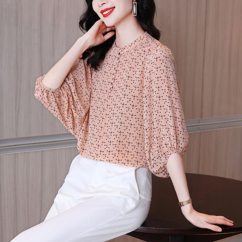 

Women's Blouses & Shirts Fashion O-Neck Button Chiffon 3/4 Sleeve Printed Oversized Casual Pullovers 2022 Elegant Women Clothing Loose Commu, As shown