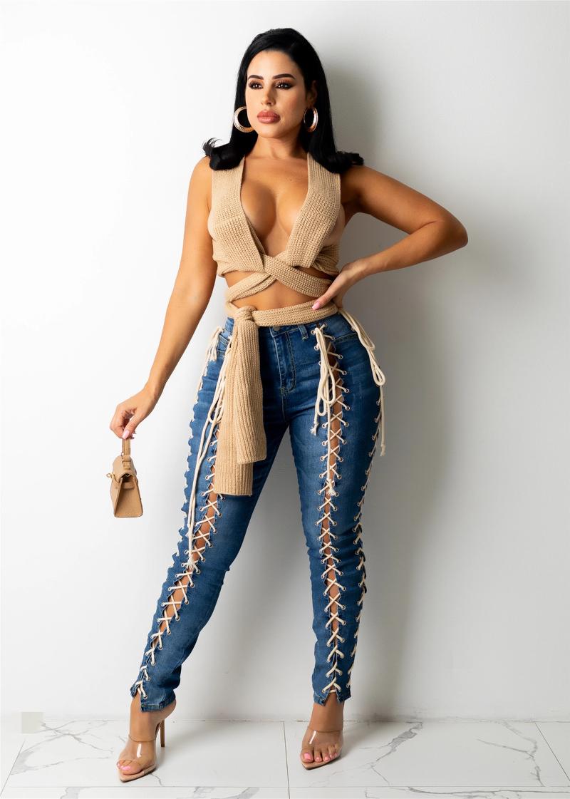 

Women' Jeans Hollow Out Lace Up Pants Woman Midi Waist Button Stretchy Skinny Denim Trousers 2022 Autumn Female Clothing, Blue