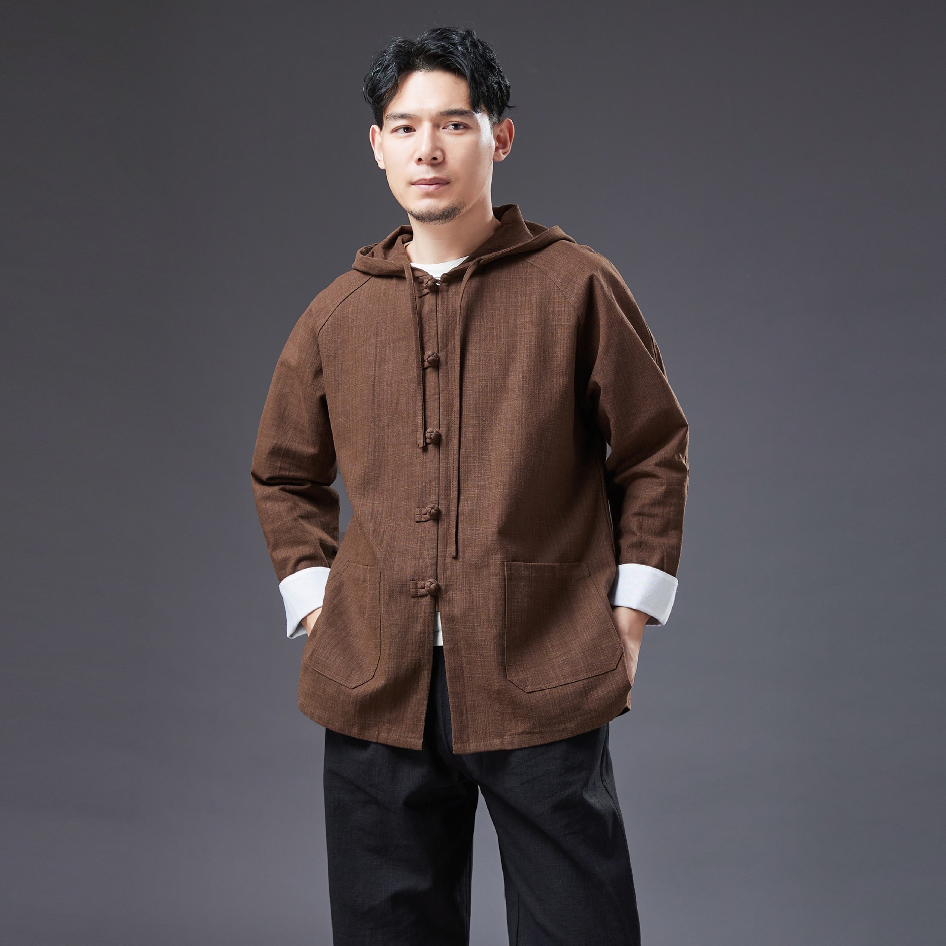 

Asian ethnic clothing Improved Hanfu men 's Tang Suit Top Vintage linen jacket Spring Autumn hooded outfit